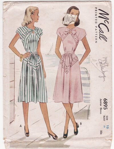 Vintage 1940s Sewing Pattern - Cap Sleeve Dress with Unusual Diagonal Inset Band Trim and Peekaboo Neck - 1947 McCall 6895, Bust 31