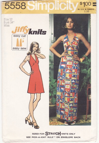 Vintage 1970s Sewing Pattern - Mini or Maxi Halter Dress for Stretch Knit Fabrics, Jiffy / Easy - 1973 Simplicity 5558, Bust 34, Uncut