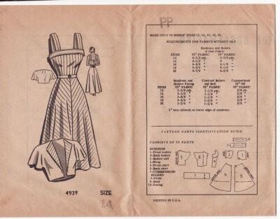 Vintage 1940s Sewing Pattern - Square Neck Sundress with Cuffed Top & Flutter Sleeve Bolero Jacket - Anne Adams Mail Order 4939, Bust 32