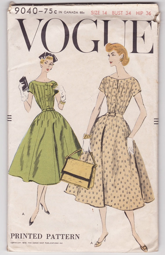 Vintage 1950s Sewing Pattern - Short or 3/4 Sleeve Dress with Pin Tucked Bodice & Full Skirt, Outside Dart Detail - 1958 Vogue 9040, Bust 34