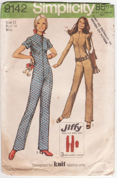 Vintage 1970 Sewing Pattern - Mod Squad Zip Front Jumpsuit for Knit Fabrics, Jiffy Easy to Sew - Simplicity 9142, Bust 34