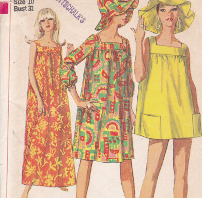 Muu-Muu style dress in 3 lengths and hat 1967 sewing pattern Simplicity 7090 Size 10 Bust 31