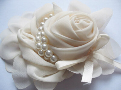 1pcs Chiffon Rose Flower Pearls Bow Headband-Ivory CH001-1