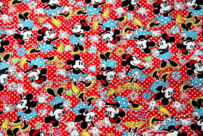 Disney Cartoon Mickey Mouse and Minnie Mouse Print Japanese fabric dotty red background