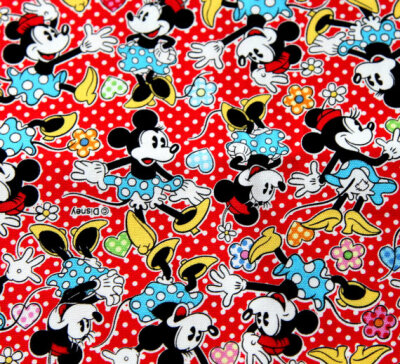 Disney Cartoon Mickey Mouse and Minnie Mouse Print Japanese fabric dotty red background