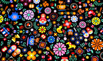 Matryoshka Russian dolls fabric black