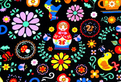 Matryoshka Russian dolls fabric black