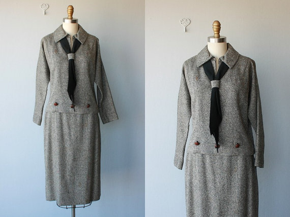 wool dress / 50s skirt suit / sailor collar dress / 1950s day dress / wool skirt suit / tweed ladies suit - size medium