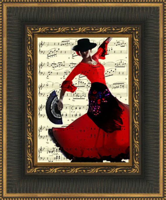 Flamenco Dancer on 1894 Music Page, Music Sheet Art, Flamenco Illustration on Antique Chopin Music Page, Dance, Mixed Media Art