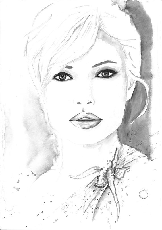 Print from Original Watercolor Fashion Illustration Modern Art Black and White Painting titled Charm