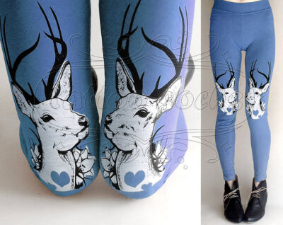 L blue Oh Deer cotton hand printed skinny leggings / footless tights