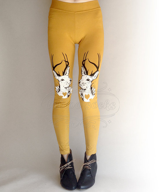 L mustard Oh Deer cotton hand printed skinny leggings / footless tights