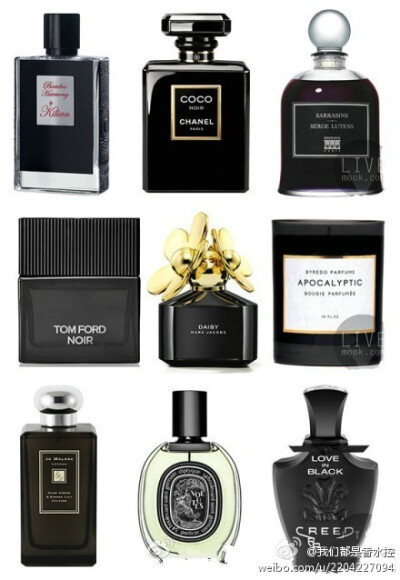 【黑色香水】从左至右：Bamboo Harmony By Kilian、Chanel Coco Noir、Sarrasins Serge Lutens 从左至右：Tom Ford Noir、Marc Jacobs Daisy Intense、Byredo Apocalyptic 从左至右：Dark Amber & Ginger Lily Colog…