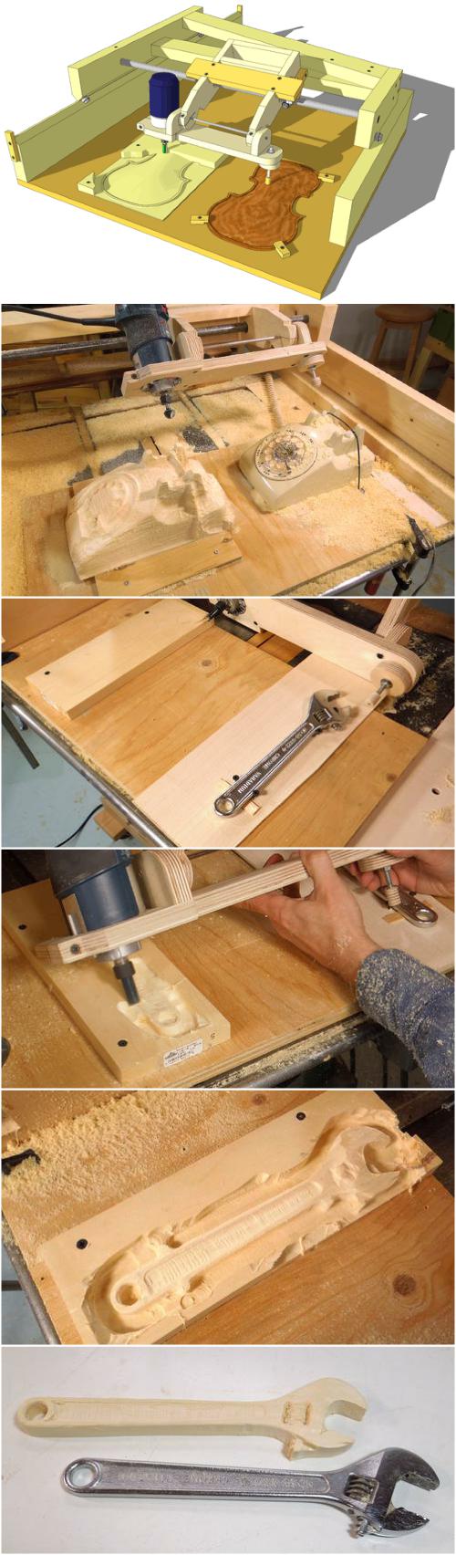 每当去杂货市场配钥匙时都会感叹配钥匙机器的神奇，仿佛变魔术一般，通过一个雕刻钻头和一个复制头，一会儿功夫就可以复制出一把一模一样的钥匙出来。擅长木工的加拿大工程师Matthias Wandel设计了一款类似的装置-刨子复制雕刻机，这个木制框架可以让你用手刨复制出一个木制3D模型，功能相当于一个缩放仪。