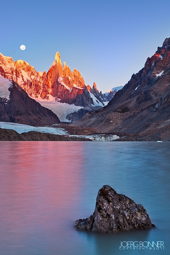 Cerro Torre with Full Moon at Sunrise, Patagonia, Argentina