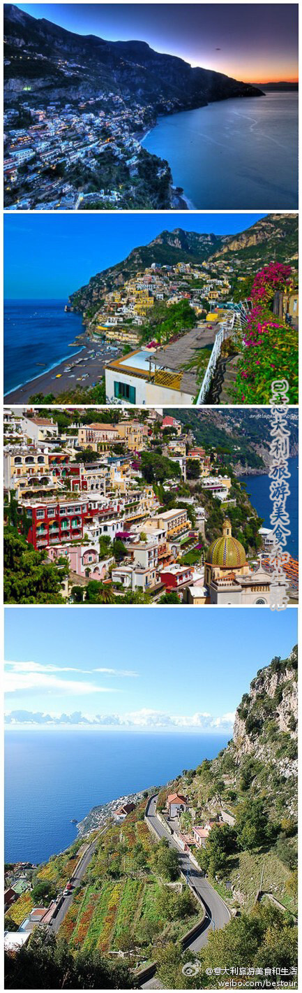 【Amalfi Coasts】著名的阿玛尔菲海岸，位于意大利南部，风景如画村庄依靠着海边的悬崖峭壁，春夏季节，大片色彩鲜艳野花在这里争奇斗艳。位于苏莲托和阿玛菲之间狭窄曲折沿海公路长达50公里，是世界上最迷人和激动人心的观光公路。这里被美国《国家地理杂志》评为“人一生当中必去的50个地方之一”。