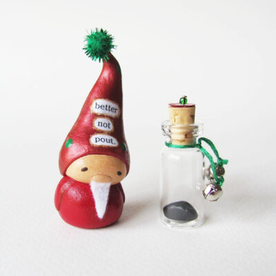 Miniature Santa Claus Figurine and Jar of Coal- Christmas Clay Sculpture Holiday Decoration- Better Not Pout