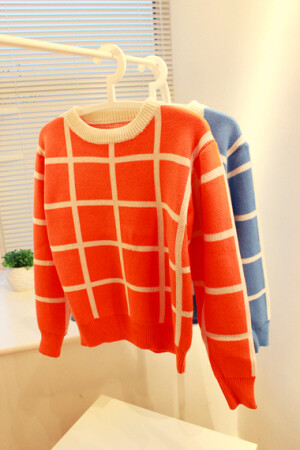 2012秋冬装复古英伦风宽松拼色格子加厚短款套头针织毛衣