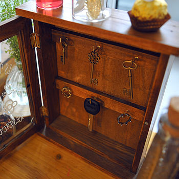 zakka 做旧复古钥匙盒 收纳 钥匙柜子 木质 双层 玻璃门 盒 文艺