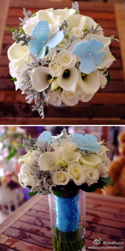 为客人设计的鲜花结合不织布蝴蝶手捧花 浅蓝色的花很难找到 所以做了2只蝴蝶