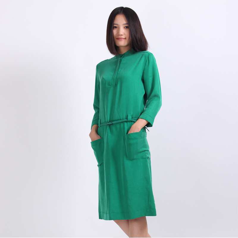 慢茶原创设计女装文艺小清新森林系绿色天丝连衣裙