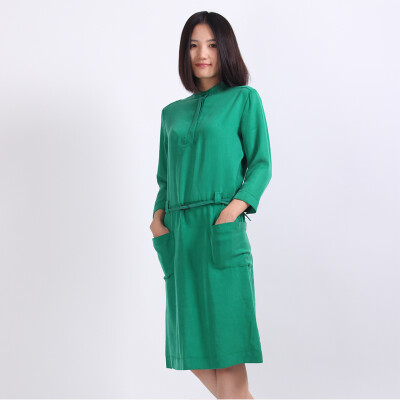 慢茶原创设计女装文艺小清新森林系绿色天丝连衣裙