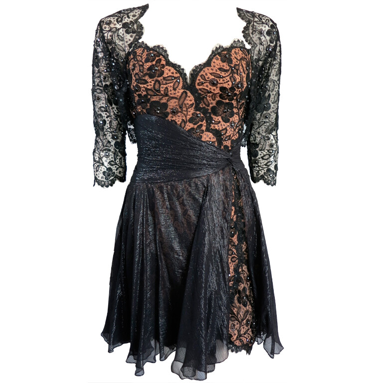 Vintage BOB MACKIE 1980's jet black crystal embellished lace dress & jacket set. The main dress is constructed of black floral, lace overlay with jet black crystal embellishments.