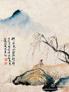 《醉墨图册》是石涛55岁画的，一共12幅。这幅册页画得很精，空灵、生动，很有意境。画一看就是聪明人的画，很有灵气。第一幅画的是柳树，用墨很少，是画春天的柳树，很像现代画的柳树带着嫩叶。下面的石头是用泼墨，左边一块大石头用了勾皴，后面的那块土坡用没骨法，没骨为主，赭石颜色，人物用双钩