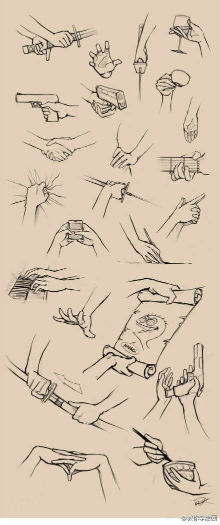 〖手持不同物体手绘图〗关于手的各形体画法参考，非常经典～