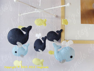 Whale Mobile - Baby Mobile - Nursery Crib Mobile - Fish Mobile - Serene Sea - Navy Blue Whale family and yellow fish (You pick your colors)