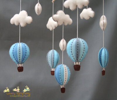 Blue and grey hot air balloons baby mobile - smoky blue - winter sky baby mobile - winter - baby mobile