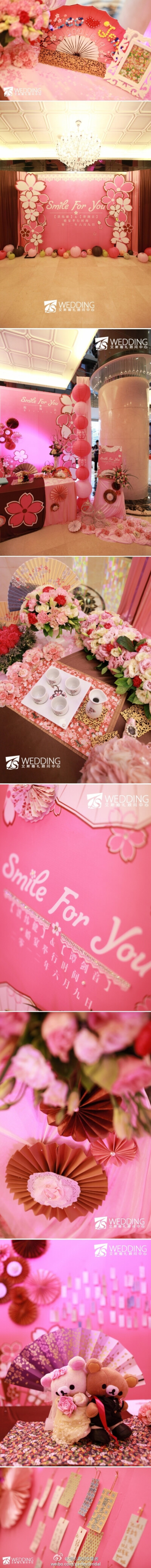 【日系樱花婚礼Smile for you】把柔和的樱花元素和日式的细节完美地结合一起，呈现出一个浪漫温馨的婚礼现场。