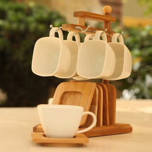 纯白陶瓷整套茶具带杯架咖啡杯套装