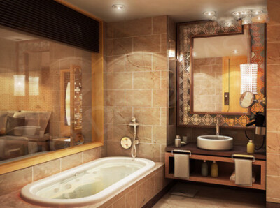 复古的色彩、紧凑的空间感，让浴室奢华而高调。大型的玻璃墙又增强了浴室的空间感!