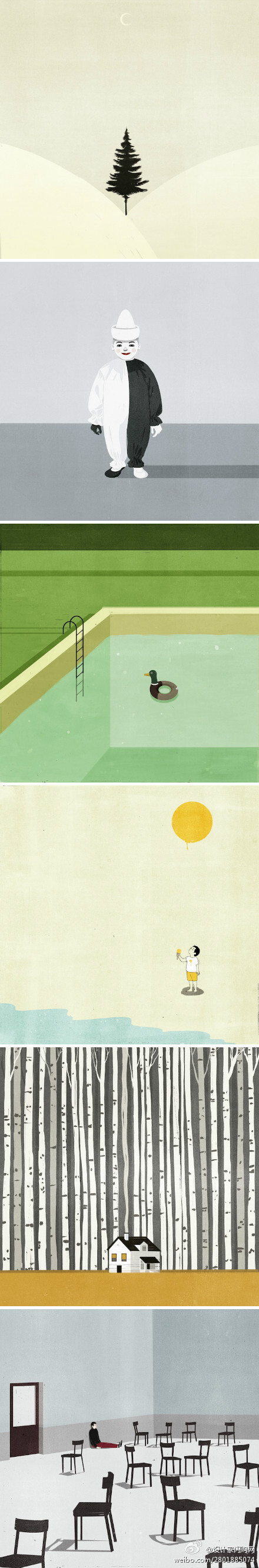 #设计家涂画本#意大利插画家Alessandro Gottardo ，简约风格却带有一点点黑色幽默。