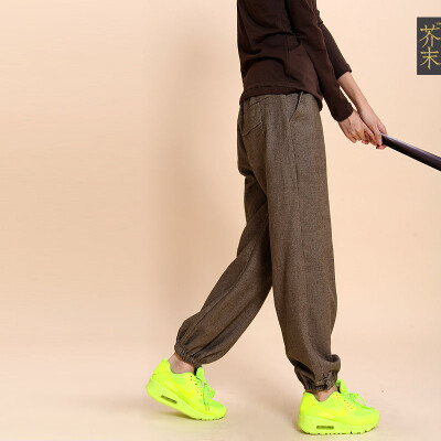 芥末原创设计师踏歌咖/新中式中国风亚麻长裤盘扣灯笼裤