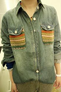 韩版2013新款复古做旧款双毛线口袋牛仔衬衫 百搭款衬衣（预售）