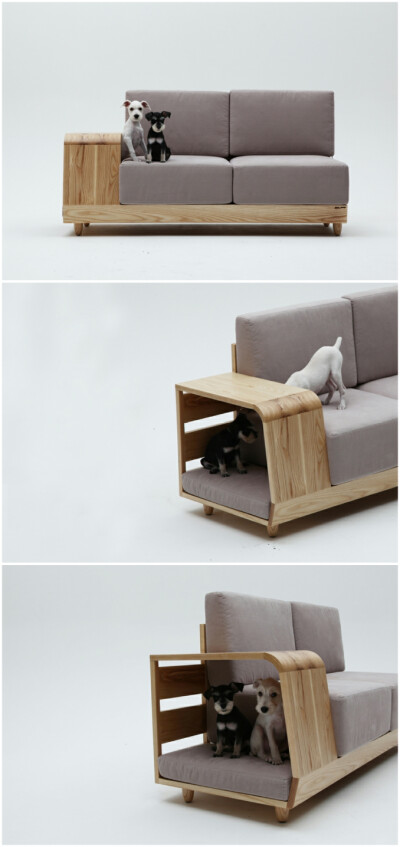 韩国设计师Seungji Mun设计的这款狗屋沙发在普通沙发的一侧增加了一个狗窝，让你和你的忠实朋友可以和睦相处，随时交流。 这款狗窝沙发是一系列名为“m.pup.”宠物家具中的第一件，旨在促进人与宠物之间的交流