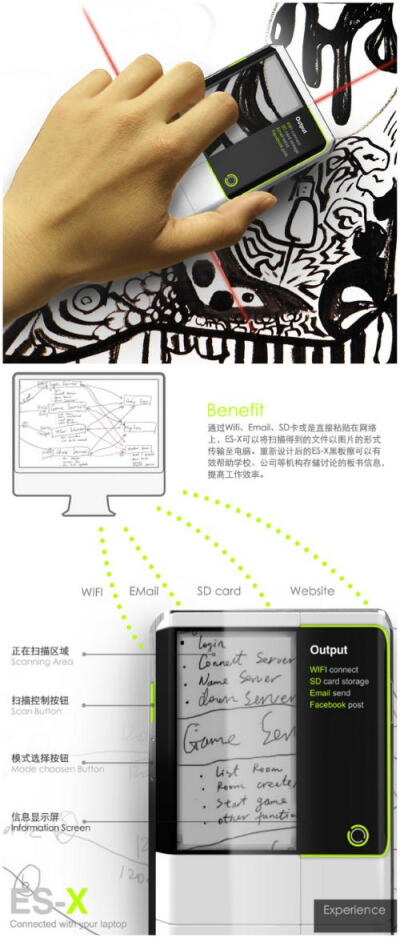 黑板擦让人联想到“擦”，联想到“抹去”，然后有些美好的记忆是有价值的，值得留下的，值得分享的，比如课堂笔记。设计师Li Ke Wu将计扫描仪和黑板擦的功能合二为一，设计了这款概念扫描仪黑板擦。 有了这款扫描仪…