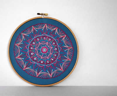 Teal, Pink and White Embroidered Mandala by Sarah Hennessey