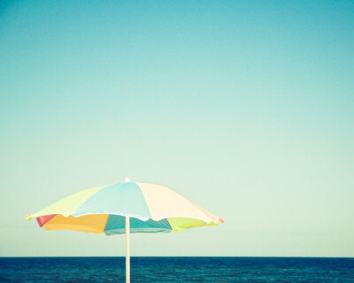 Beach Umbrella Photo - aqua blue teal seashore photography yellow modern coastal wall art ocean sea shore fine art print - 8x10 Photograph