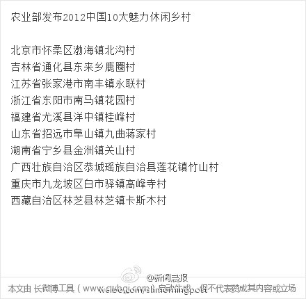 农业部发布2012中国10大魅力休闲乡村】从2010年开始，农业部在全国范围开展中国最有魅力休闲乡村推荐活动，每年认定10个魅力乡村推荐给社会大众。以下是2012年的上榜名单。