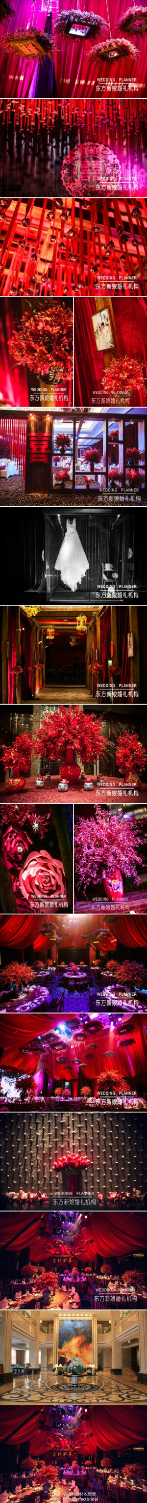 【华丽的红色系西式婚礼】这次设计着重体现空间感，以及大红与青花，和木结构完美搭配。让我们的审美不再只是朵朵鲜花，花器和色彩搭配上，而是从花艺和灯光设计，与色彩中所营造出的整个空间氛围