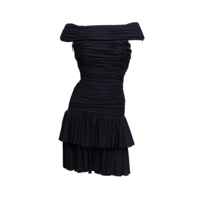 Sexy off the shoulder rouched black silk jersey, knee length dress. Fully lined. Back zipper.