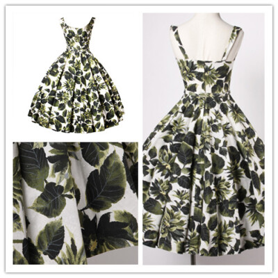 Vintage 1950s Printed Raw Silk Full Sweep Floral Party Dress Fun, flirty! This dress is spectacular. Gorgeous hand printed floral raw silk in vibrant tones of green. Rear metal zip. Matching belt inc…