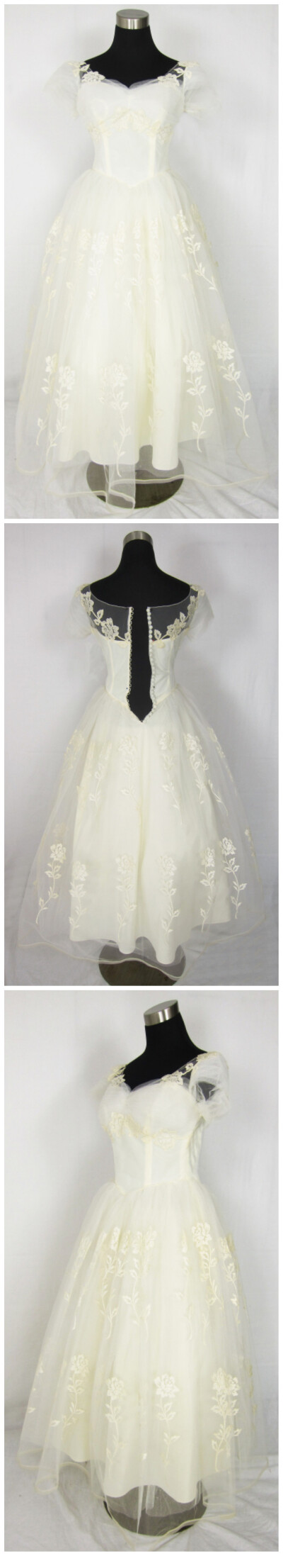 VINTAGE 1950 FINE TULLE LACE APPLIQUE WEDDING DRESS button back