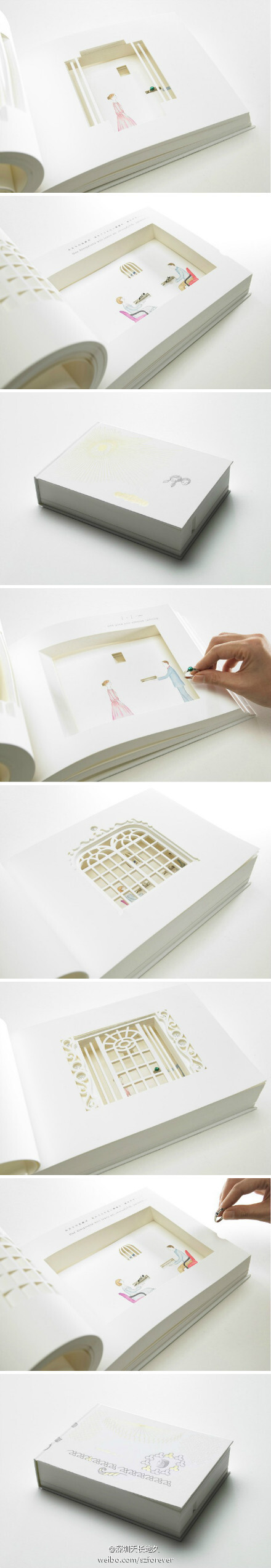 #求婚#出自日本设计师渡边良重（Watanabe Yoshie）的绘本设计，以镂空雕刻的工艺辅以精致彩绘，在一本看似平淡无奇的书本里营造出立体的空间，真实的戒指与虚拟的场景巧妙融合，如此浪漫，无怪乎被人称作“求婚书”。