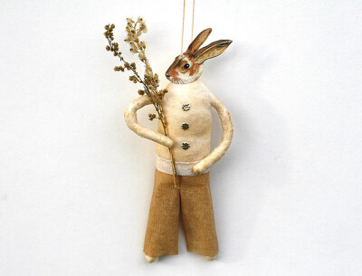 Spun Cotton Rabbit Ornament in Tan Pants