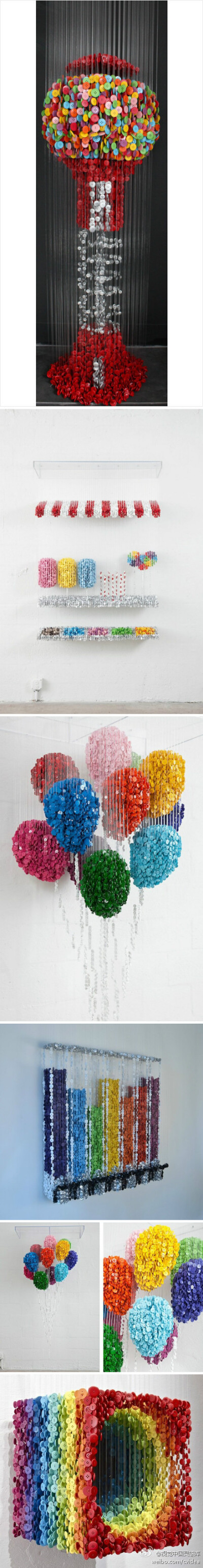 不可思议的艺术纽扣。在艺术家Augusto Esquivel眼中，纽扣成了气球，单车，消防栓，灭火器，甚至马桶，五颜六色的纽扣真是很有视觉美感。