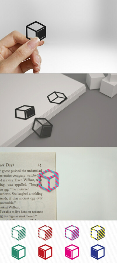韩国设计师Hwajin Ock设计了一款Cubee立方体书签，看上去像是一个三维立方体，当然只是一个二维平面图案。使用时将立方体右侧的薄片卡在书页上即可。黑色金属版和彩色塑料版两个版本可选。你喜欢哪款？